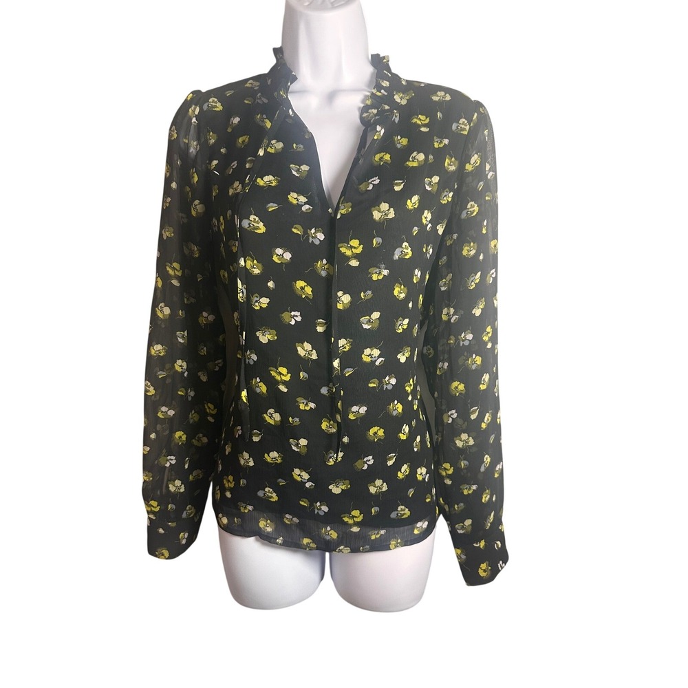 Banana Republic Womens Black Yellow Floral Ruffle Tie Neck Chiffon‎ Blouse Small